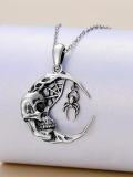 wholesale 925 Sterling Silver Halloween Pendant Moon Skull with Spider Charm Necklace Gifts for Women and Girls-0-2