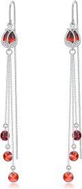 wholesale 925 Sterling Silver Red Crystal Drop Dangle Threader Earrings w/Flower & Butterfly Charm-0-0