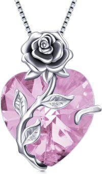wholesale Sterling Silver Crystal Rose Flower Heart Pendant Necklace-10-Oct - Pink Tourmaline