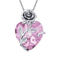 wholesale 925 Sterling Silver Crystal Rose Flower Heart Pendant Necklace-10-Oct - Pink Tourmaline
