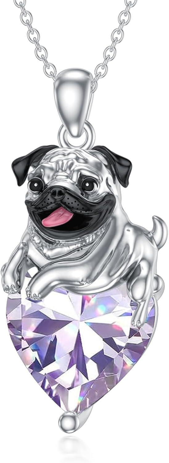 Sterling Silver Birthstone Pug Necklace for Women Dog Lovers-06-Light Violet