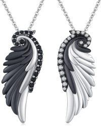 wholesale 925 Sterling Silver Winged Angel Pendant Necklace with Black and White Elements - Gift for Her-A4-Black White