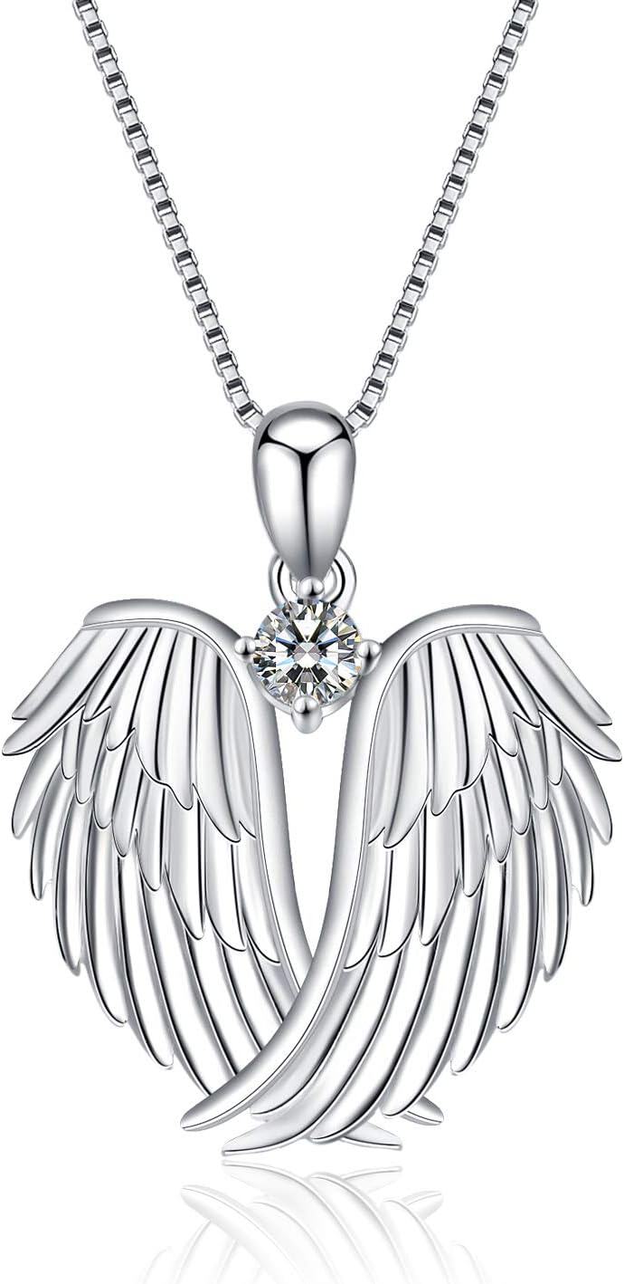 Sterling Silver Birthstone Angel Wings Pendant Necklace-A-white gold plated