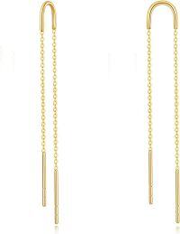 wholesale 14k/18k Solid Gold Threader Earrings Long Chain Bar Drop Dangle Ear Line s-14k threader dangle earrings