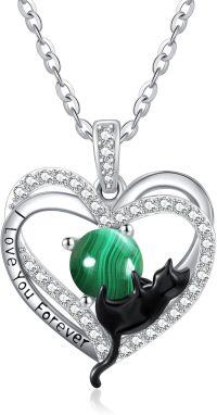 wholesale Sterling Silver Birthstone Cat Projection Heart Pendant Necklace-13-Malachite-13-Malachite