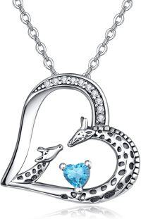 wholesale Sterling Silver Giraffe Birthstone Heart Pendant Necklace-03-Mar-Lab Created Aquamarine