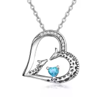wholesale 925 Sterling Silver Giraffe Birthstone Heart Pendant Necklace-03-Mar-Lab Created Aquamarine