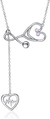 wholesale Sterling Silver Stone Caduceus Angel Nursing Stethoscope Pendant 18 -Light Purple Cubic Zirconial - June Birthstone