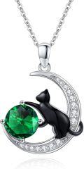 wholesale 925 Sterling Silver Green Crystal Moon & Black Cat Pendant Necklaces for Women's  Ideas-0-0