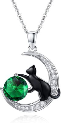 wholesale 925 Sterling Silver Green Crystal Moon & Black Cat Pendant Necklaces for Women's  Ideas-A01 - Cat (Emerald)