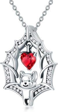 wholesale 925 Sterling Silver Bat Heart Red Crystal Pendant Necklace for Women Men Gifts-Bat