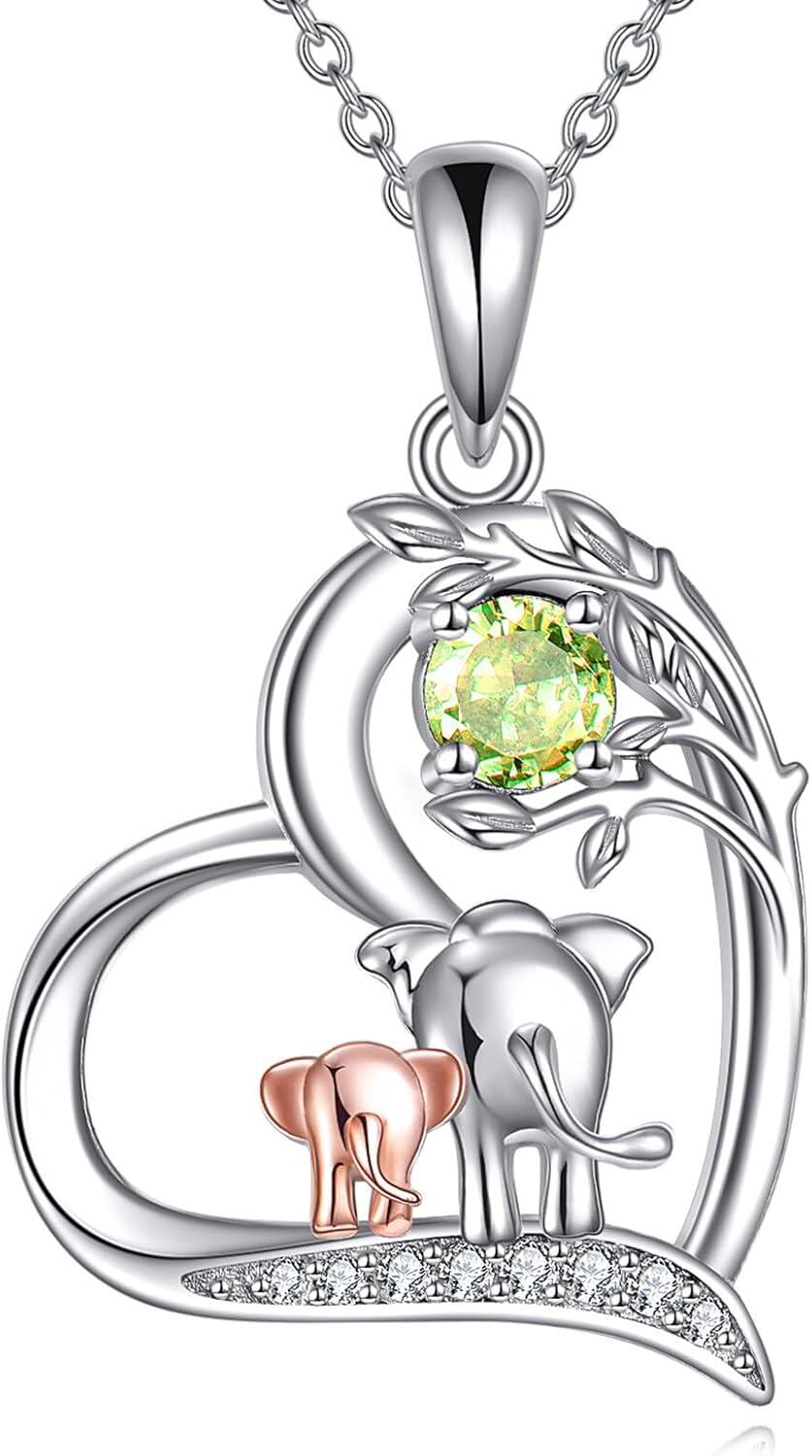  Sterling Silver Birthstone Elephant Pendant Necklace Cute Animal Jewelry Gift for Women Mom Wife -08-August-Peridot