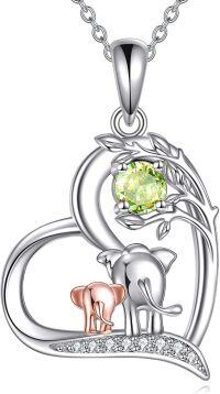 wholesale 925 Sterling Silver Birthstone Elephant Pendant Necklace Cute Animal Jewelry Gift for Women Mom Wife-08-August-Peridot