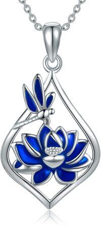 wholesale 925 Sterling Silver Blue Enamel Dragonfly & Lotus Flower Teardrop Pendant Necklace for Women Gifts-lotus 2