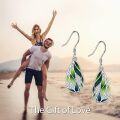 wholesale 925 Sterling Silver Teardrop Green Leaves & Blue Lotus Drop Earrings with Cubic Zirconia Accents-0-1