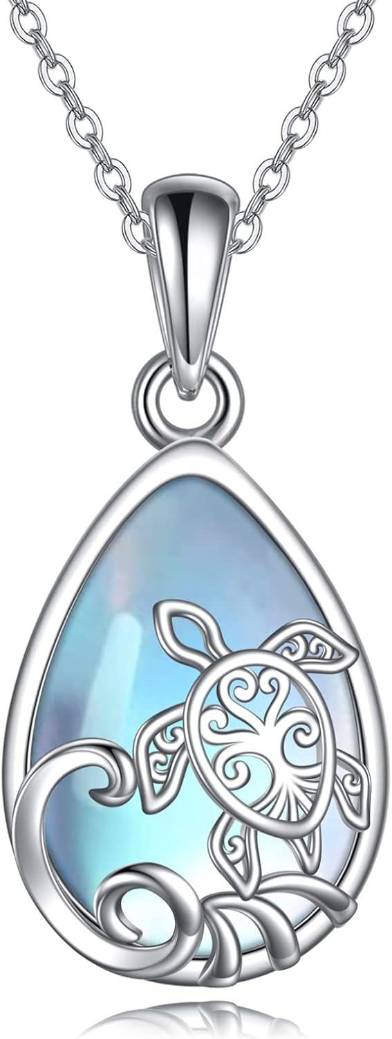 wholesale 925 Sterling Silver Teardrop Blue Shell Turtle Pendant Necklace-0-0
