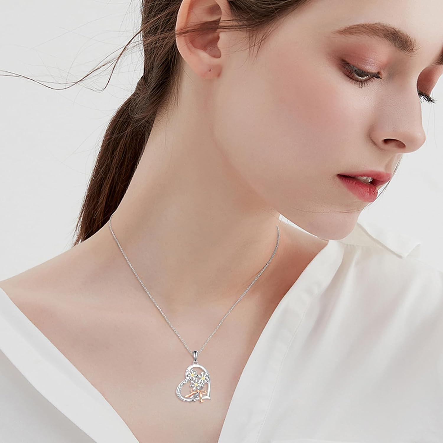 Sterling Silver Heart Necklace with Fox Axolotl Koala Giraffe Cow Guinea Pig Fairy Thistle Daisy Cat Duck Lion Pendant-0-4