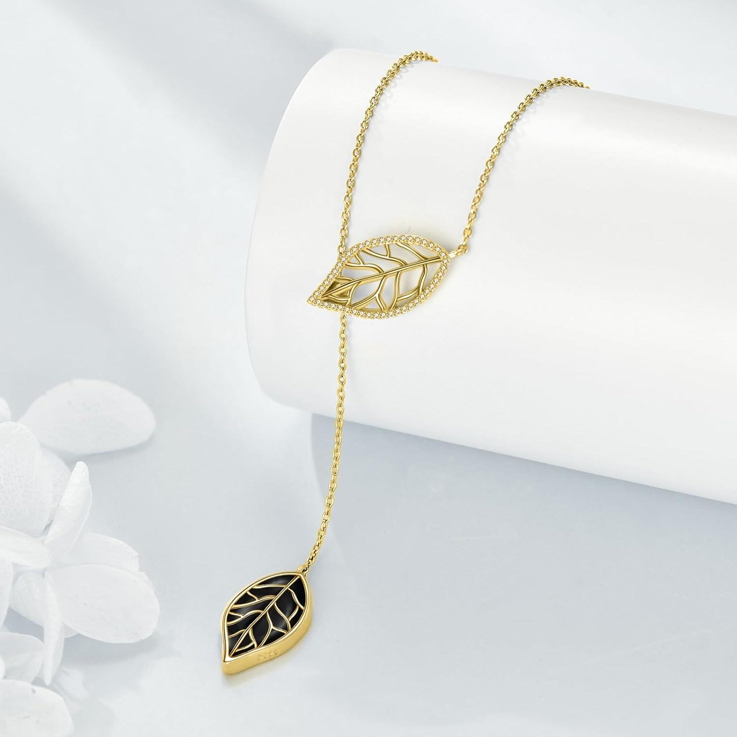 Gold 925 Sterling Silver Black Onyx Diamond Leaf Pendant Chain Necklace for Women-0-2