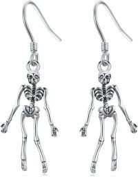 wholesale 925 Sterling Silver Black Skull Skeleton Dangle Earrings for Women Gothic  4cm Long-Skull
