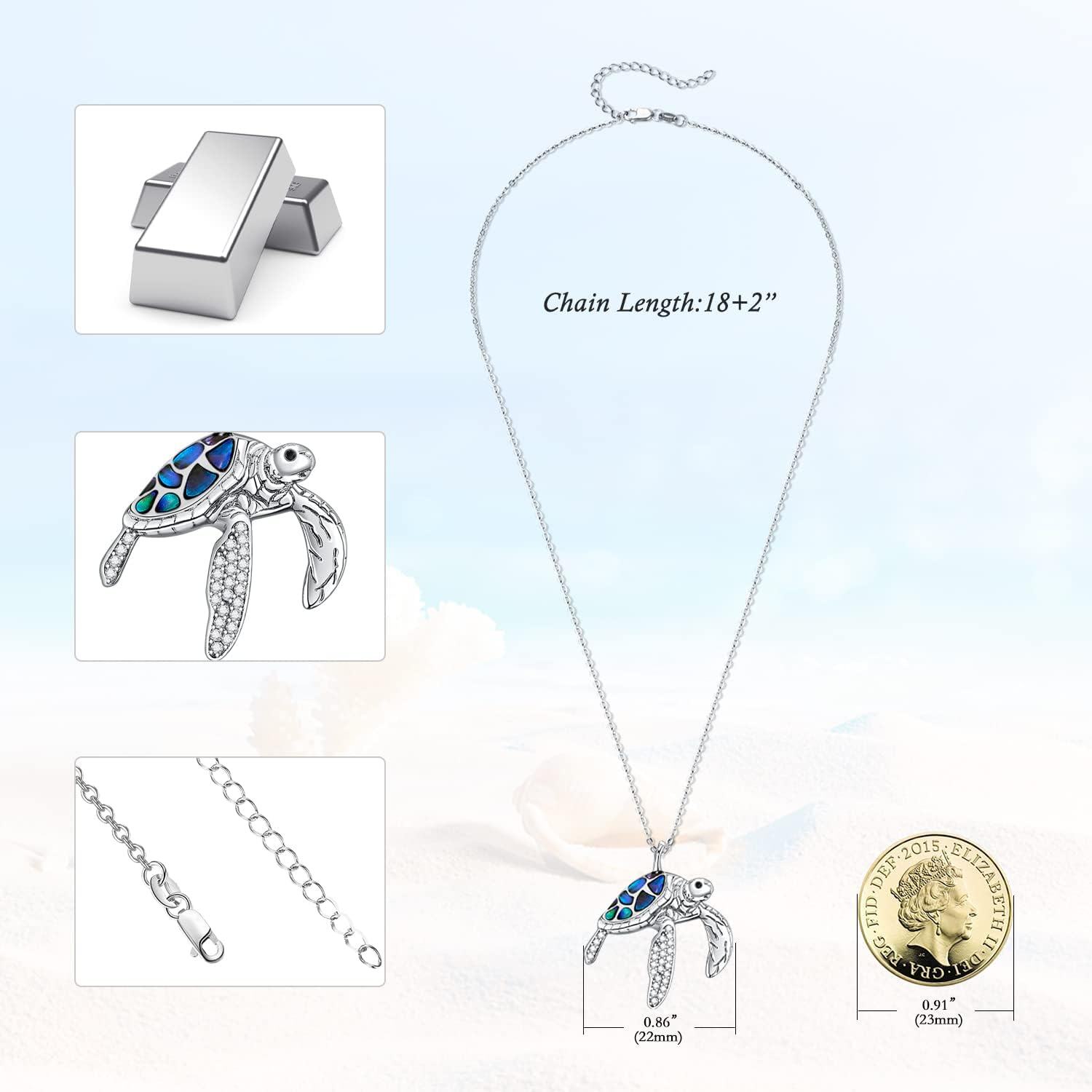 wholesale 925 Sterling Silver Blue Abalone Shell Inlay Sea Turtle Charm Pendant Necklace with Cubic Zirconia Accents and Extender Chain (14+3)-0-1