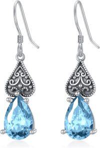 wholesale Sterling Silver 12 Months Birthstone Vintage Teardrop Dangle Earrings-03-Aquamarine-Blue