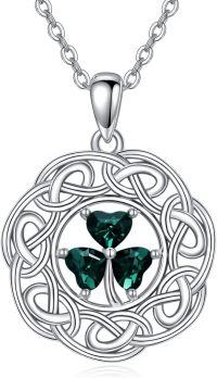 wholesale 925 Sterling Silver Heart-Shaped Emerald Shamrock Pendant Necklace for Women - Celtic Knot Design Irish  Set 43cm Chain Length-A Clover