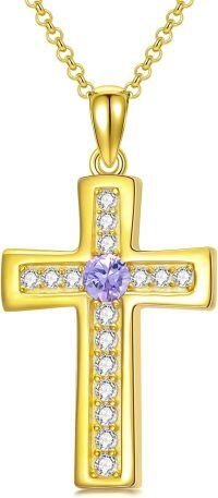 wholesale 925 Sterling Silver Gold Plated Cubic Zirconia Birthstone Cross Necklace-F.Light Purple-June-Alexandrite
