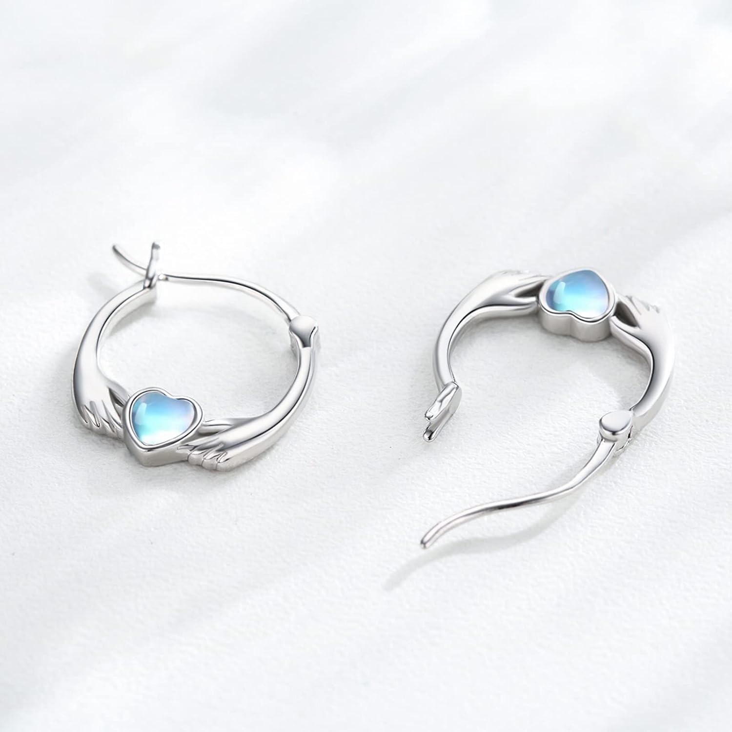 925 Sterling Silver Heart Moonstone Claddagh Celtic Knot Huggie Hoop Earrings-0-2