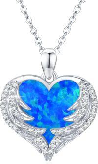 wholesale 925 Sterling Silver Blue Fire Opal Heart with Wings Pendant Necklace for Women Gifts-Dark Blue Opal Wings