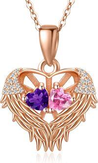 wholesale Sterling Silver 2 Birthstones Angel Wings Necklace for Women-02-10-Feb-Oct