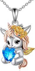 wholesale 925 Sterling Silver Metal Cubic Zirconia Baby Unicorn with Blue Heart Pendant Necklace for Women Girls Gifts-0-0