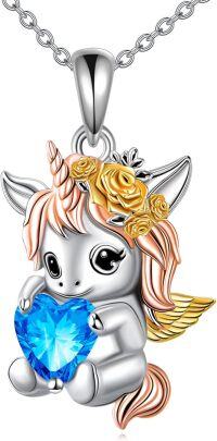 wholesale 925 Sterling Silver Metal Cubic Zirconia Baby Unicorn with Blue Heart Pendant Necklace for Women Girls Gifts-F-Unicorn