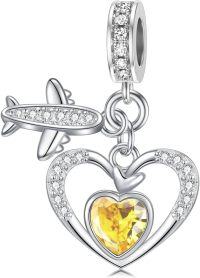 wholesale 925 Sterling Silver Birthstone Heart Charm with Airplane Charms for Anklets Women Mom Lover-11-November-Yellow