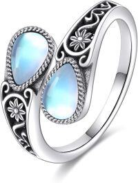 wholesale 925 Sterling Silver Boho Adjustable Vintage Spoon Ring Thumb Ring Statement Jewelry Gift for Women-Filigree-Moonstone