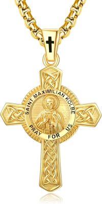wholesale Gold Plated 925 Sterling Silver Saint Maximilian Kolbe Prayer Cross Pendant Necklace  with  Box Chain 24-St-Maximilian