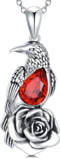 wholesale 925 Sterling Silver Red Crystal Raven & Rose Flower Pendant Necklace for Men-A01-Garnet