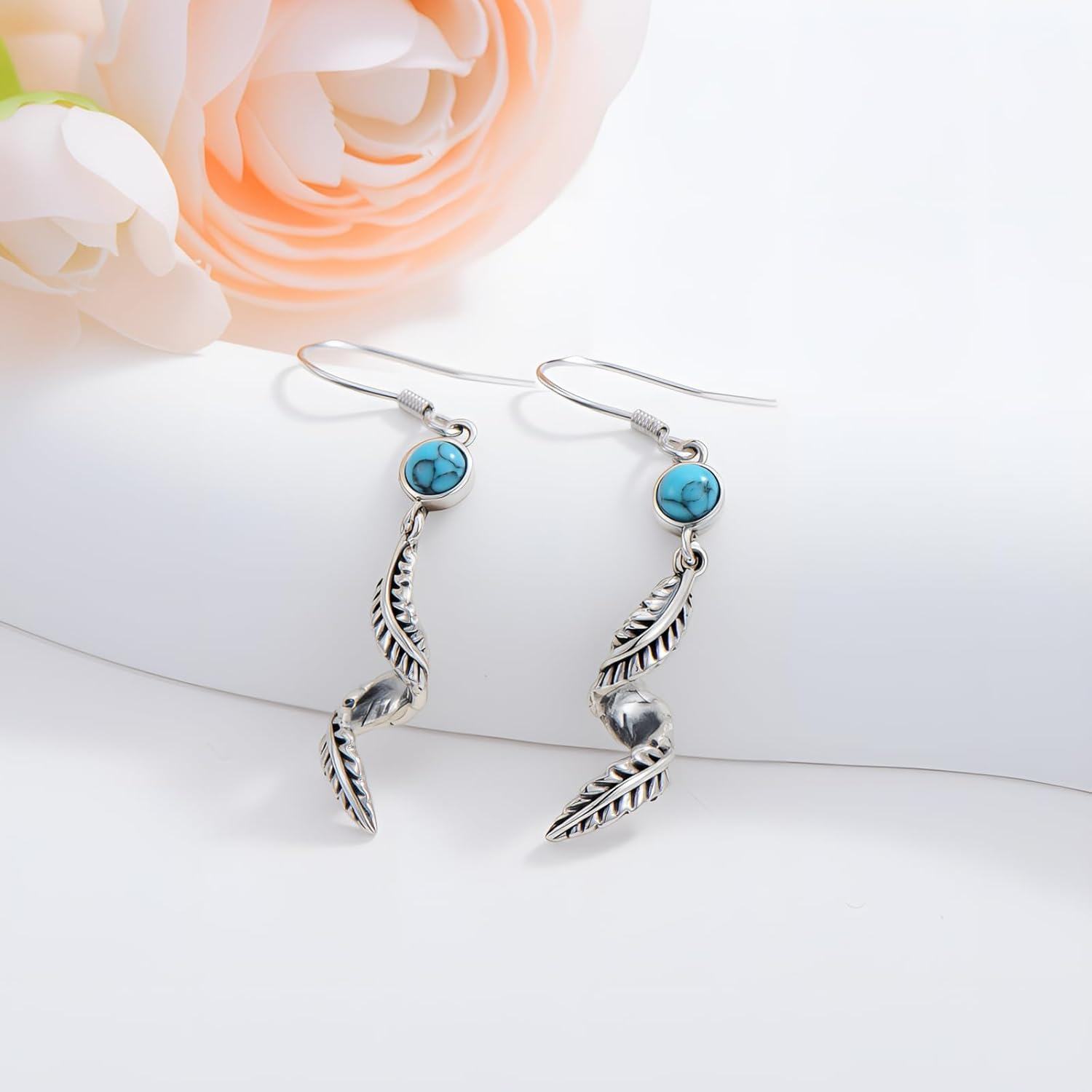 wholesale 925 Sterling Silver Feather & Turquoise Stone Drop Earrings for Women-0-2