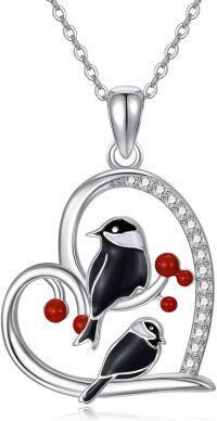 wholesale 925 Sterling Silver Bird Heart Pendant Necklace with Red Beads and Cubic Zirconia Stones Gift for Her-Chickadee