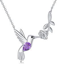wholesale 925 Sterling Silver Purple Amethyst Hummingbird Rose Vine Pendant Necklace for Women-Flower