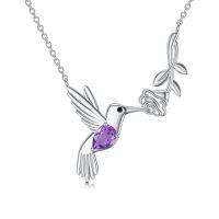 wholesale 925 Sterling Silver Purple Amethyst Hummingbird Rose Vine Pendant Necklace for Women-Flower