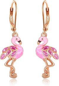 wholesale 925 Sterling Silver Pink Enamel Flamingo Drop Earrings -Rose Gold