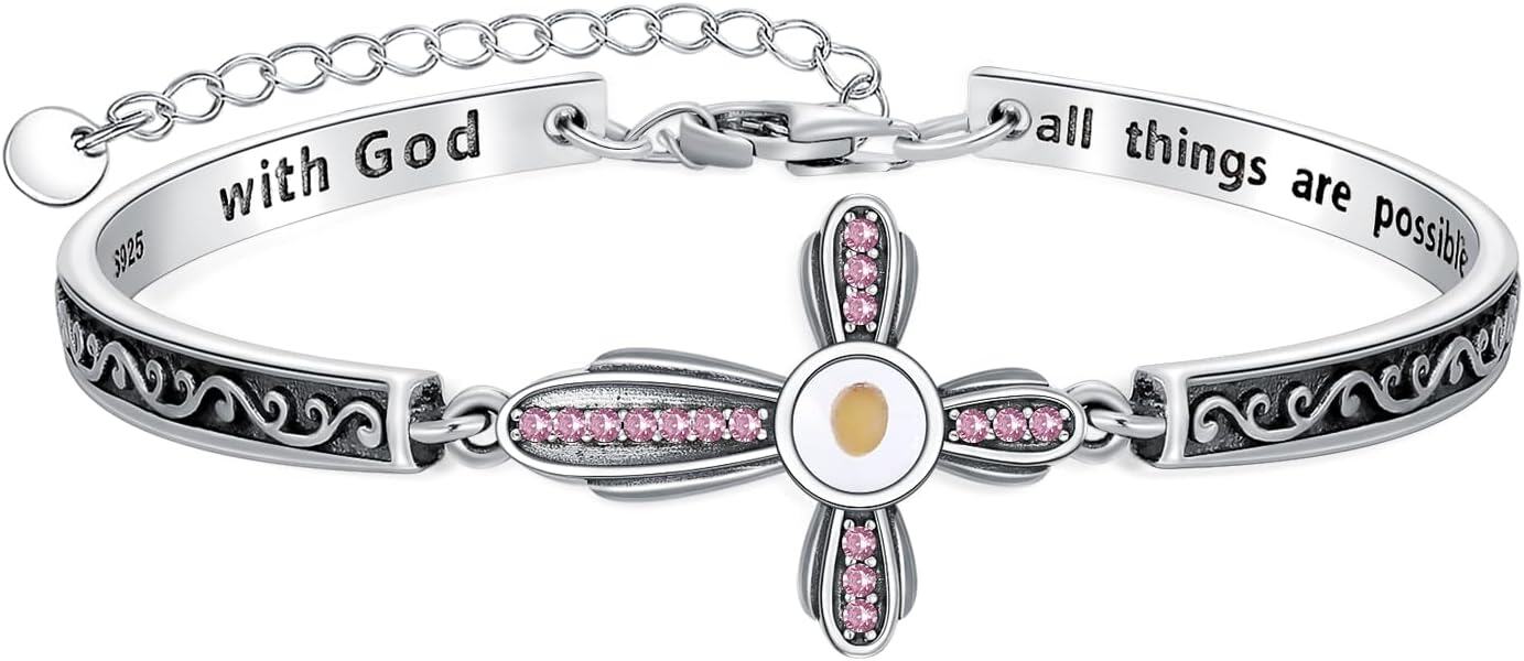 wholesale 925 Sterling Silver Mustard Seed Cross Bracelet with 12 Birthstones God All Things Possible Bangle Christian Jewelry Gift for Women-0-0