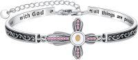 wholesale 925 Sterling Silver Mustard Seed Cross Bracelet with 12 Birthstones God All Things Possible Bangle Christian Jewelry Gift for Women-October