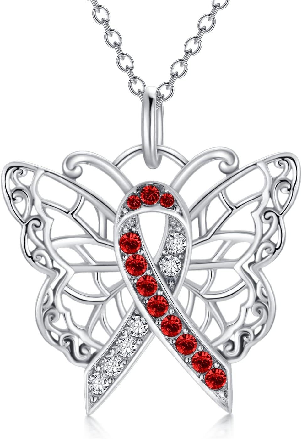  Silver Stone Cancer Survivor Necklace Women s Awareness Gift -01-Butterfly-red white-01-Butterfly-red white