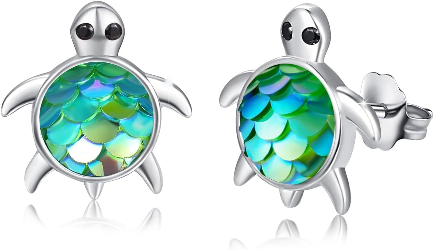 Sterling Silver Mermaid Scale Cute Turtle Stud Earrings Ocean Theme-Light Green