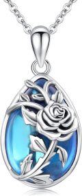 wholesale 925 Sterling Silver Blue Rose Flower Tear Drop Moonstone Pendant Necklace for Women and Girls-0-0