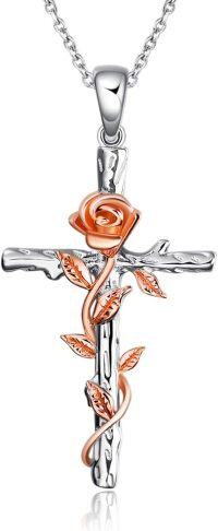 wholesale 925 Sterling Silver Rose Cross Pendant Necklace for Women-Rose cross necklace-February Birth Flower