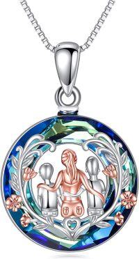 wholesale 925 Sterling Silver Blue Crystal Mother & Daughters Pendant Necklace with Rose Gold Accents and Heart Charm-D Necklace-Mom hugged