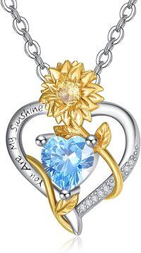 wholesale 925 Sterling Silver Sunflower Birthstone Necklace Heart Pendant Sunshine Jewelry Gift for Women-03 Mar