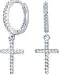 wholesale 925 Sterling Silver Cross Pendant Huggie Hoop Earrings for Women Men Minimalist Fine  4cm Long-0-0